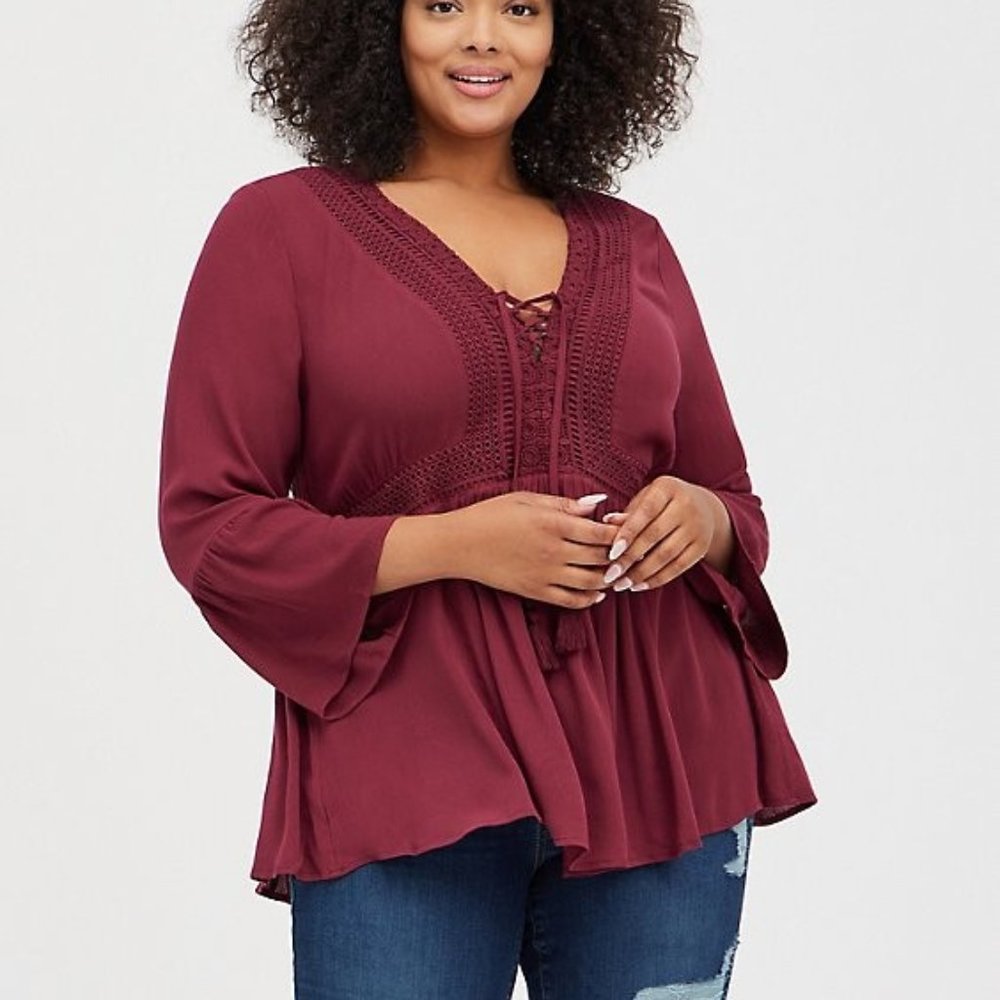 LACE-UP BABYDOLL TOP - CRINKLE GAUZE WINE
